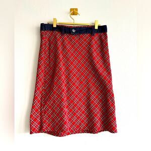 Y2K Hurley Red Tartan Plaid Mini Skirt | Denim Waistband Grunge Punk | Sz 5